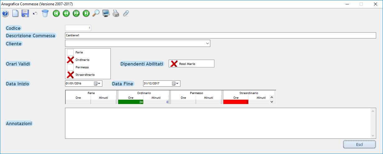 anagrafica commesse, definizione orari e personale abilitato