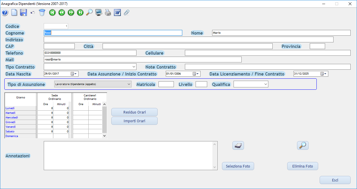 anagrafica dei dipendenti con definizione residuo ore, costi e ricavi orari